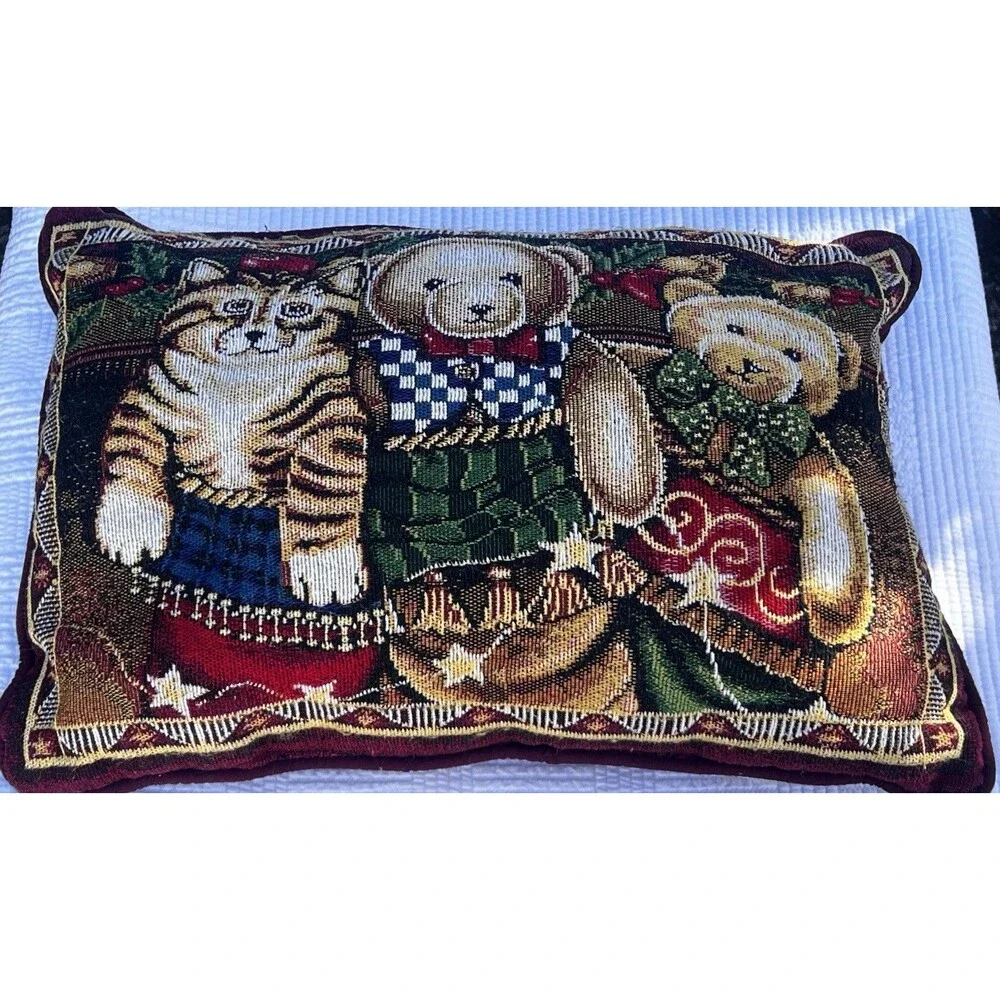 Vintage 1990s Teddy Bear Dog Cat Tapestry Throw Pillow Velvet Cottage Decor
